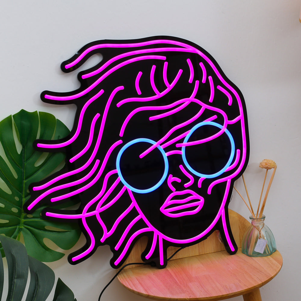 long hair woman neon sign with black backboard