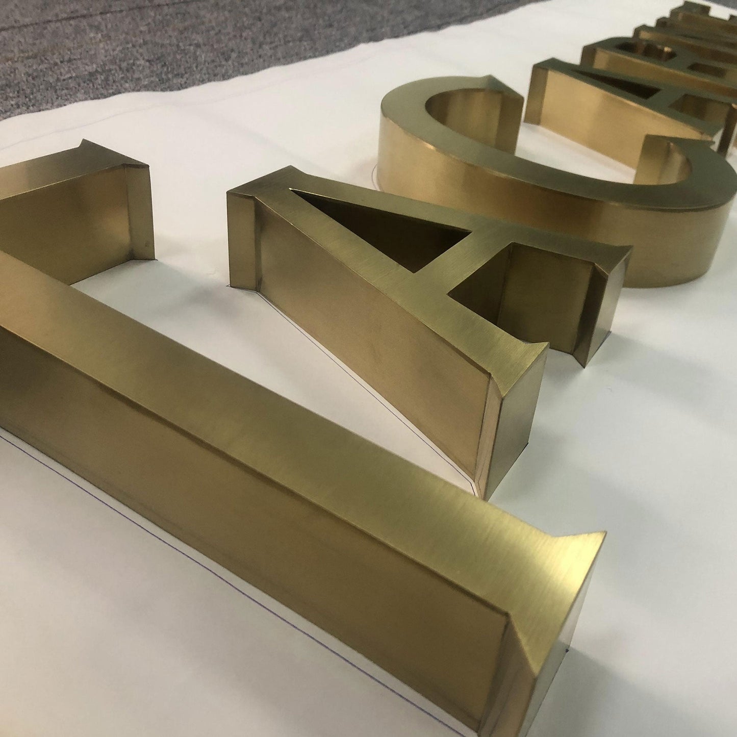 Custom decorative brushed brass finish metal letters sign laser cut 3D logo gold channel letters for wall logo