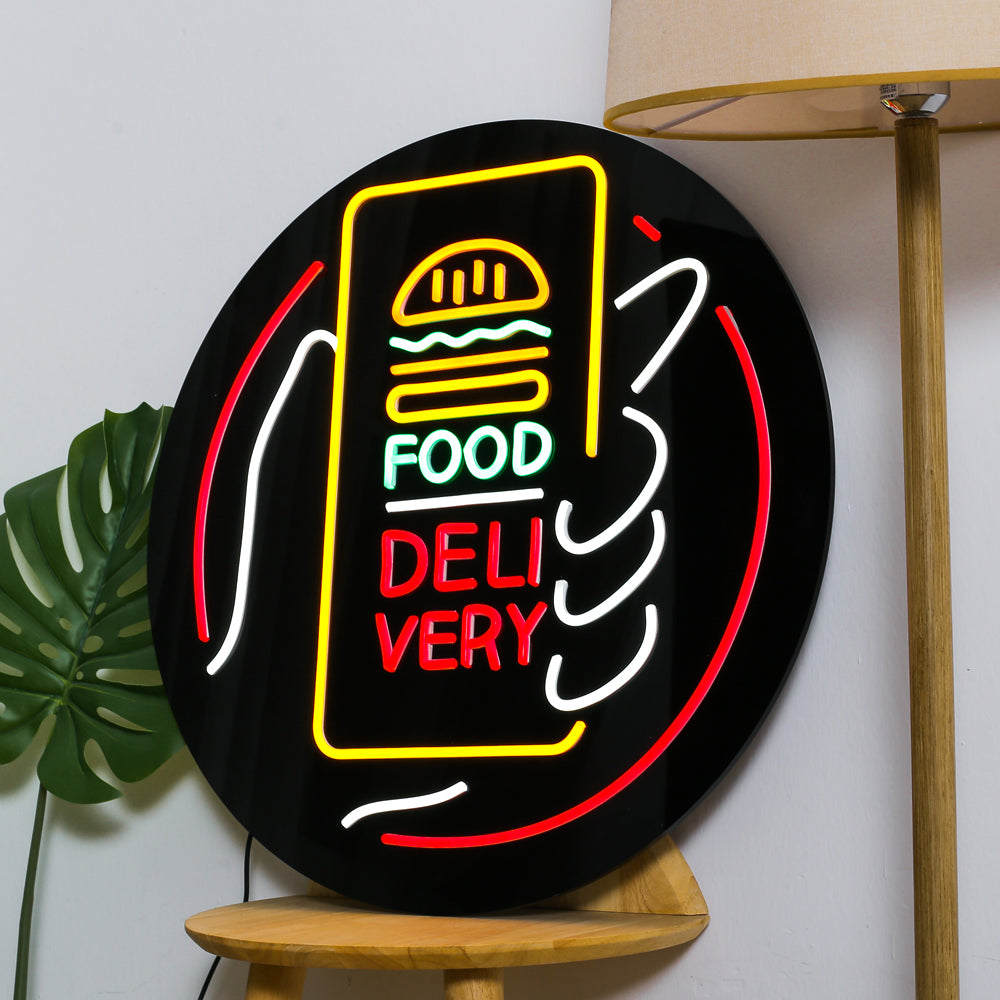Round led neon board for food delivery