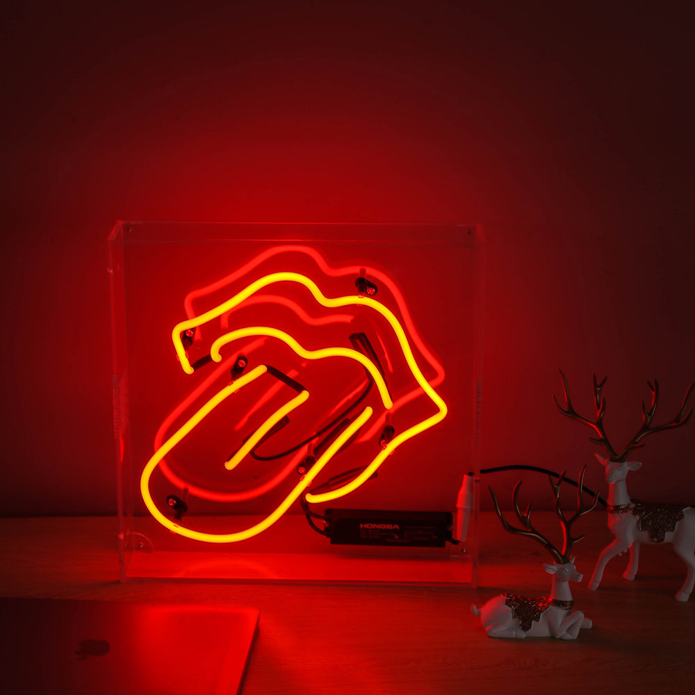 Red neon tongue,neon sign for bar,glass neon tube sign in box