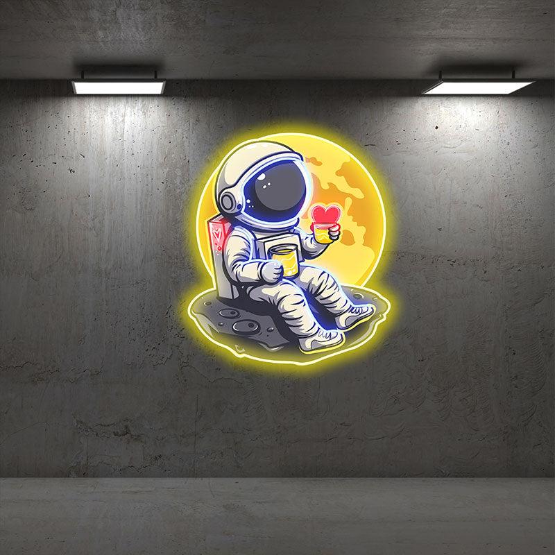 Love in Space: Astronaut Sipping Heart-Shaped Drink Neon Light - Charming LED Decor for Romantic Space Enthusiasts