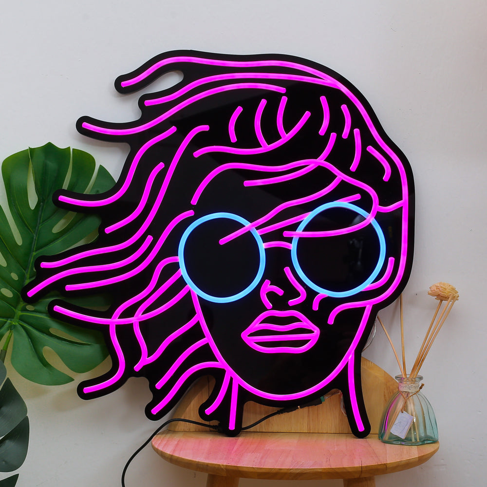 long hair woman neon sign with black backboard