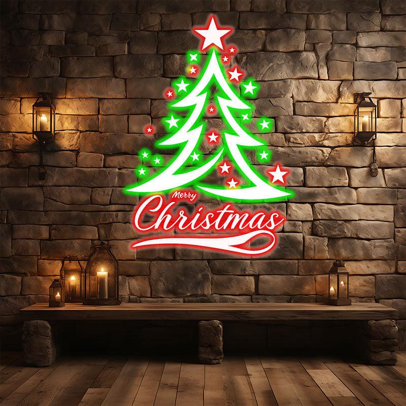Holiday Cheer neon signs: Sparkling Christmas Tree Decorated with Red and Green Pentagrams