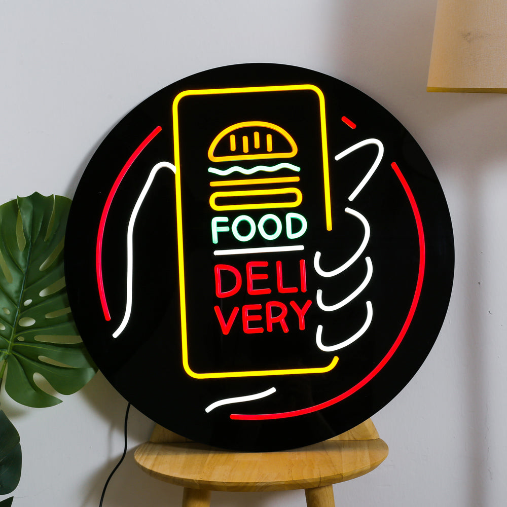 Round led neon board for food delivery