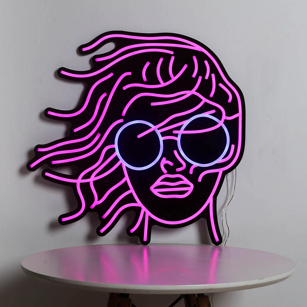 long hair woman neon sign with black backboard