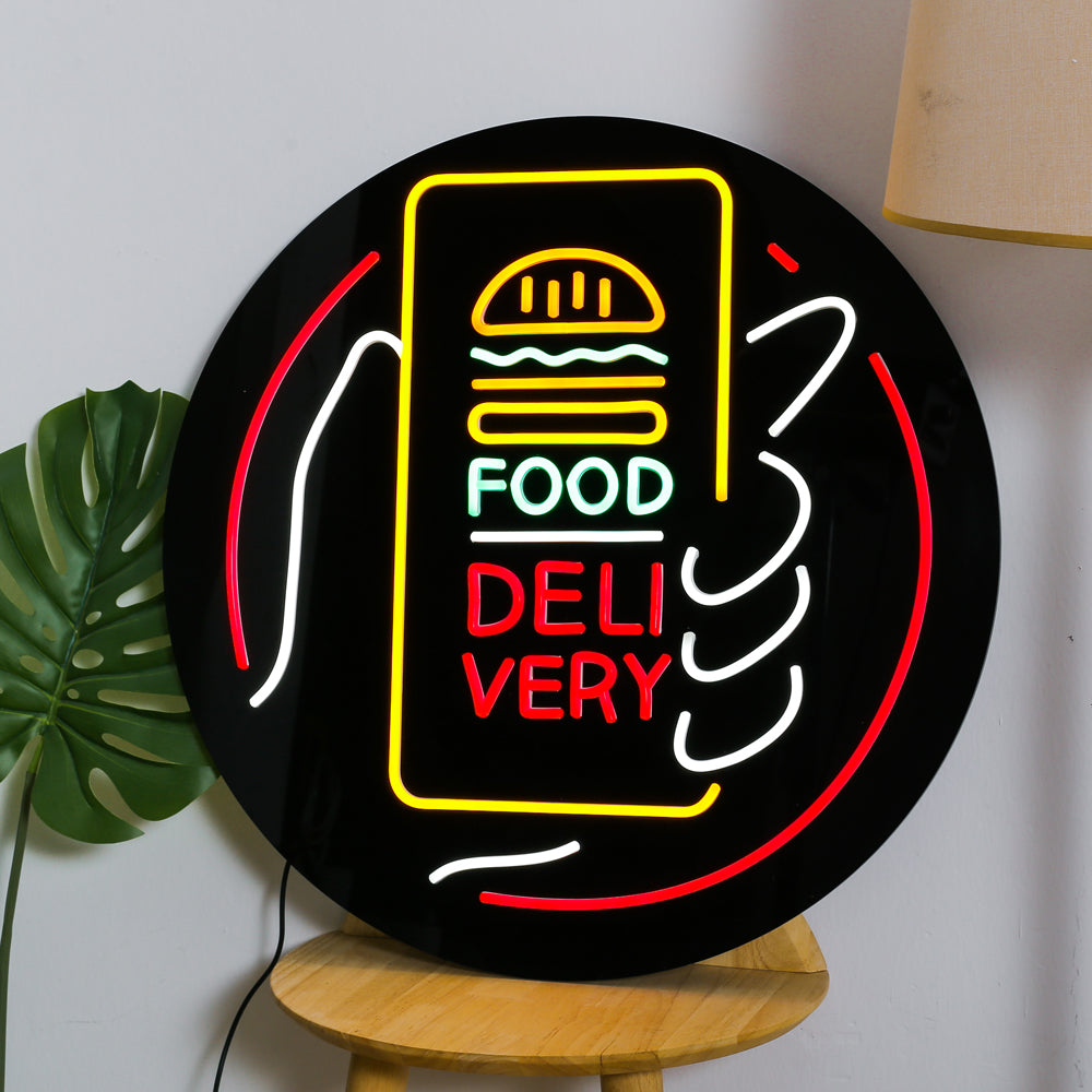 Round led neon board for food delivery