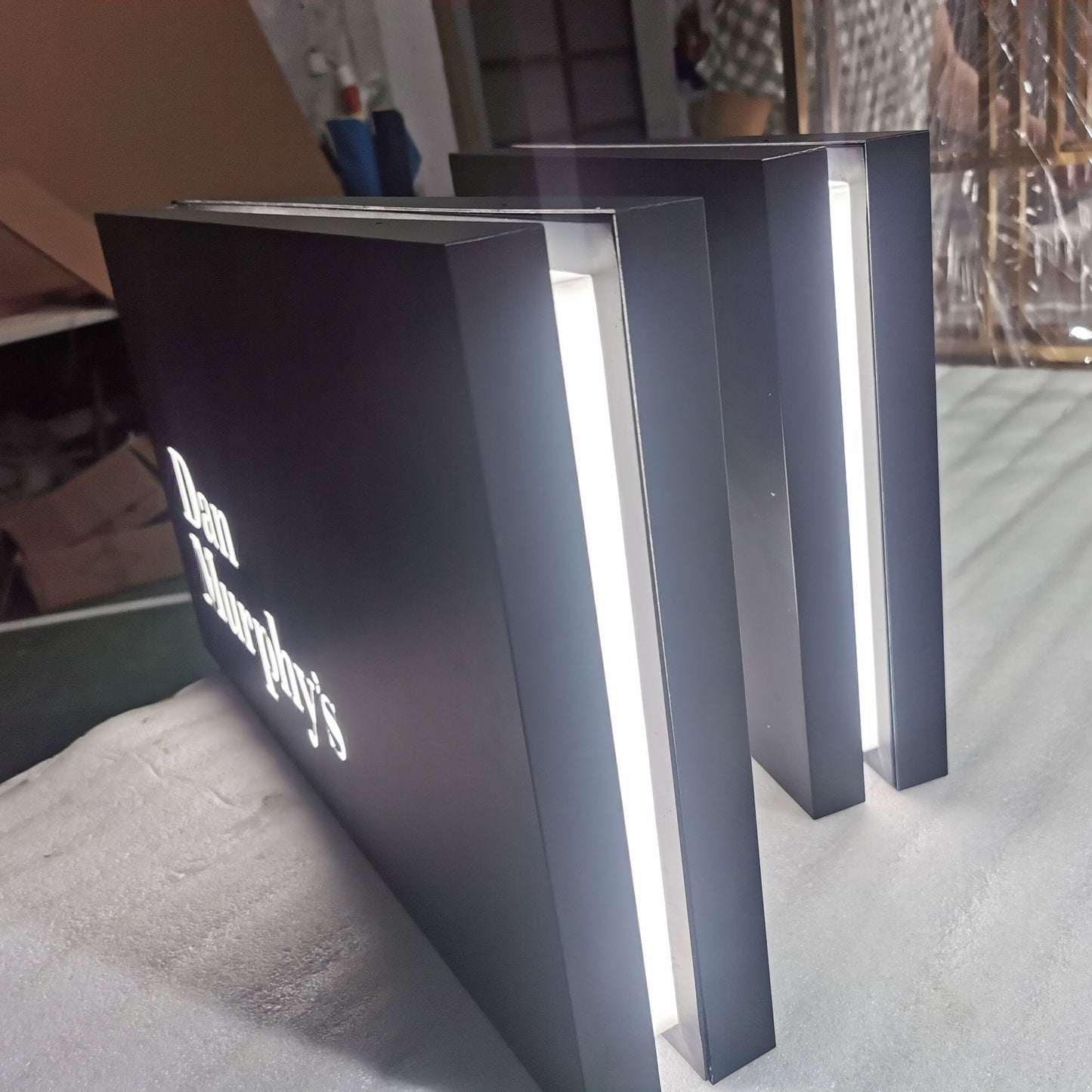 Outdoor store front double sided illuminated rectangle stainless steel led light box wall blade sign
