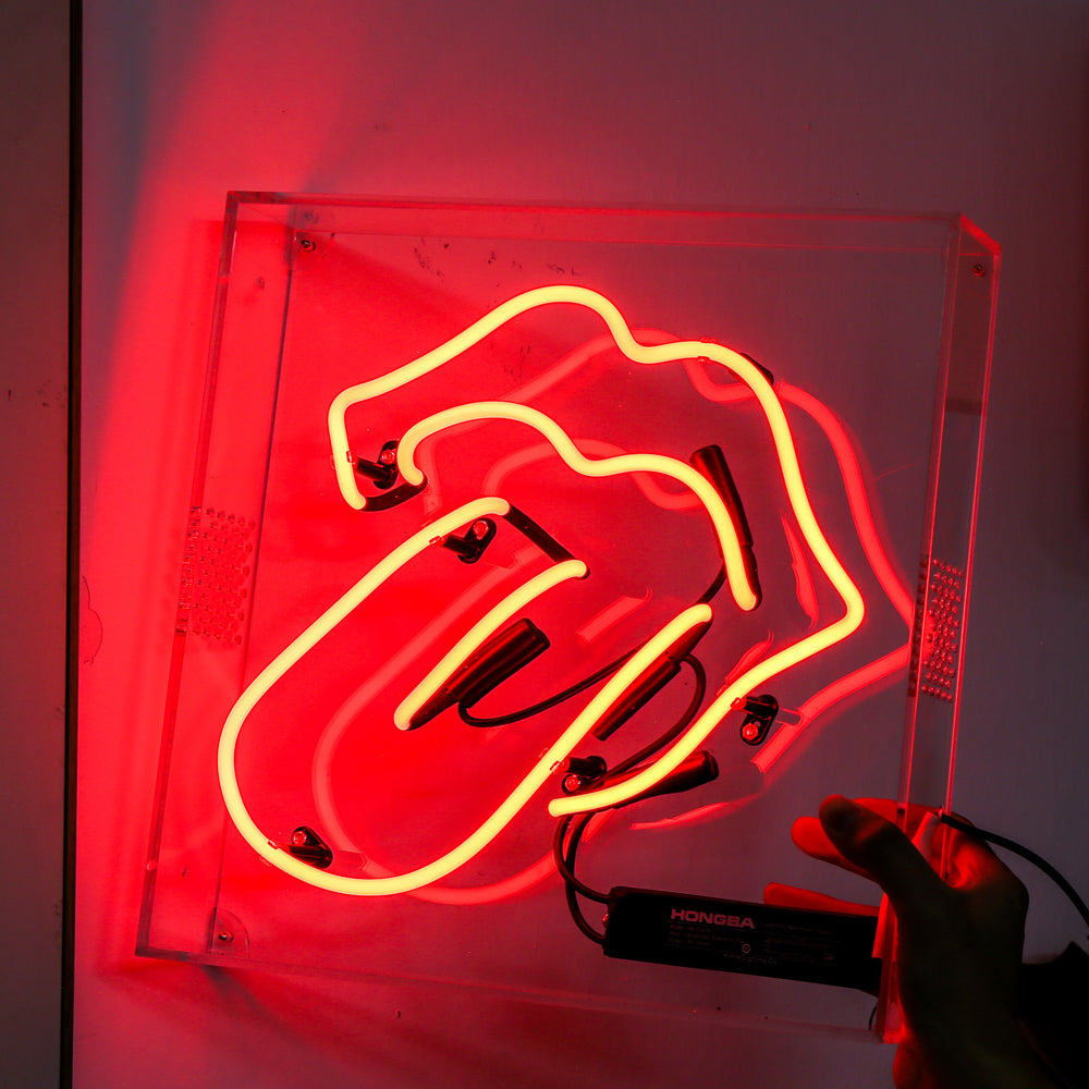 Red neon tongue,neon sign for bar,glass neon tube sign in box