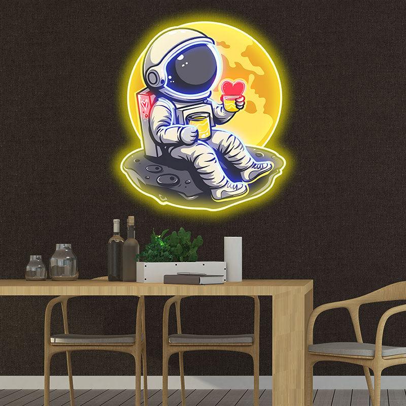 Love in Space: Astronaut Sipping Heart-Shaped Drink Neon Light - Charming LED Decor for Romantic Space Enthusiasts