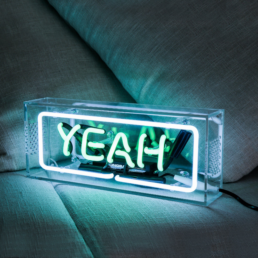 "YEAH" neon sign with green lighting,table standing glass neon tube sign box