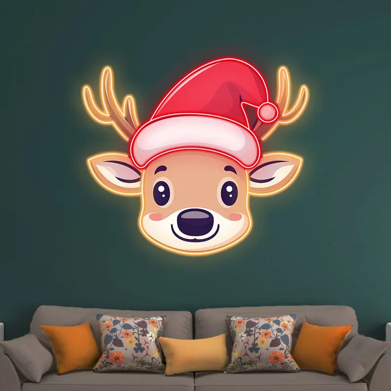 Reindeer Neon Sign Christmas Print Art – Cute Reindeer with Bell and Santa Hat, Festive Wall Art for Kids Room or Holiday Decor