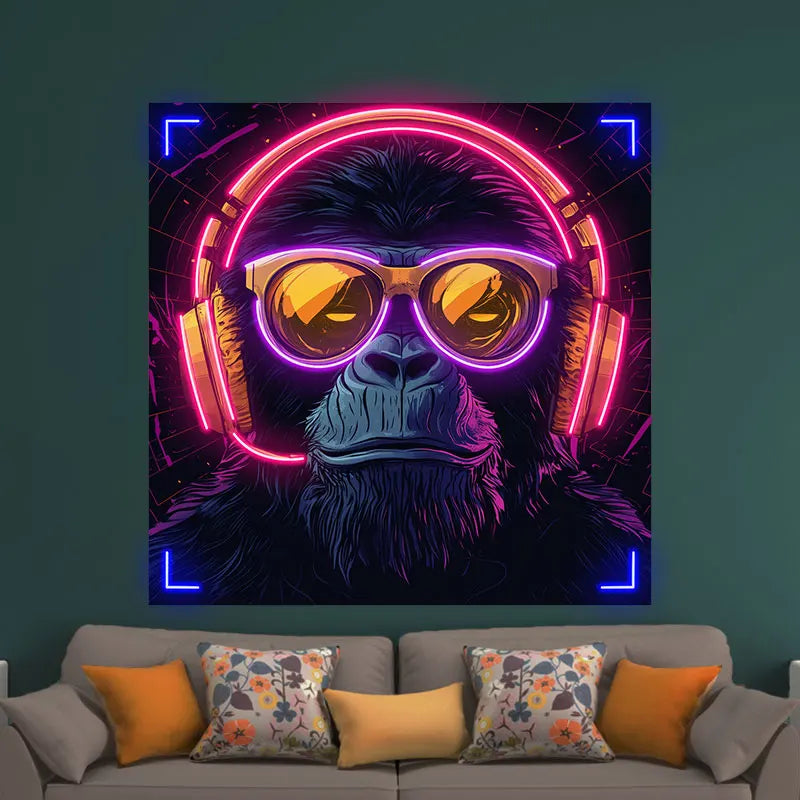 Toysign Custom Neon Light, Futuristic Neon Monkey with Headphones - High Tech Vibe, LED Wall Art for Cyberpunk Room Aesthetic