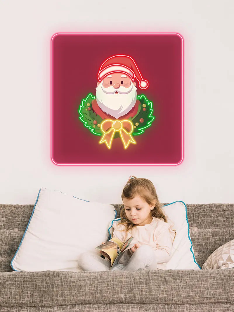 Santa Claus Neon Wreath Poster – Glowing Santa with Neon Wreath Design, Perfect for Festive Home or Office Christmas Decorations