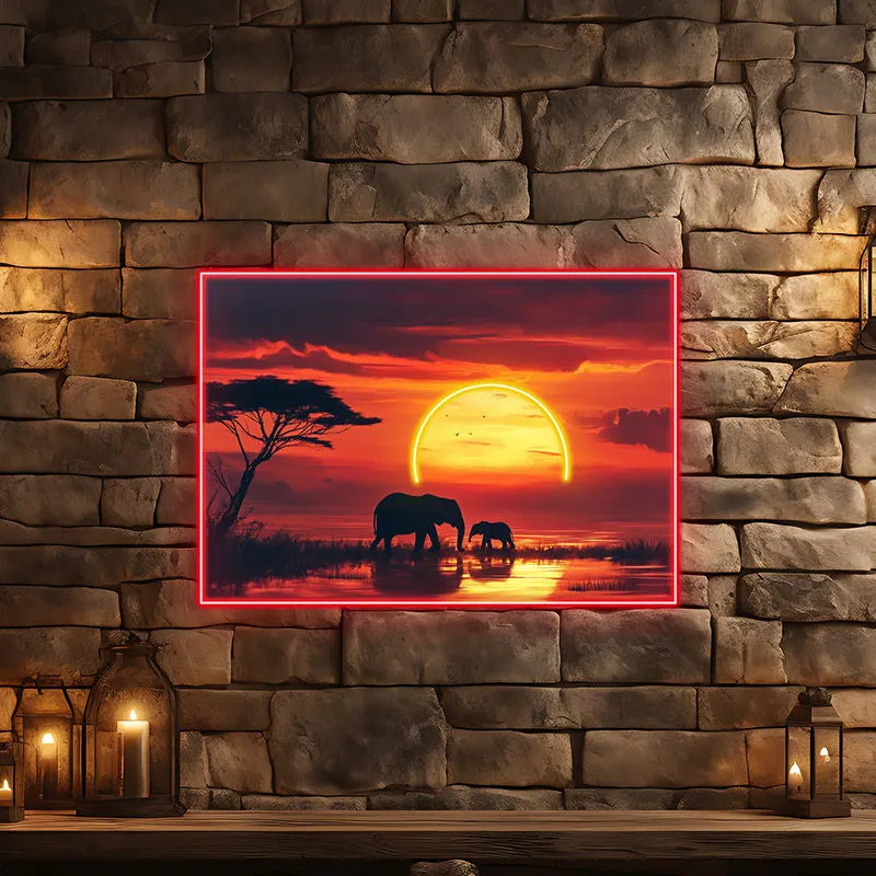 Toysign Elephant Sunset Neon Wall Art – Radiant Wall Decor with African Wildlife, Perfect for Living Room or Office Ambiance
