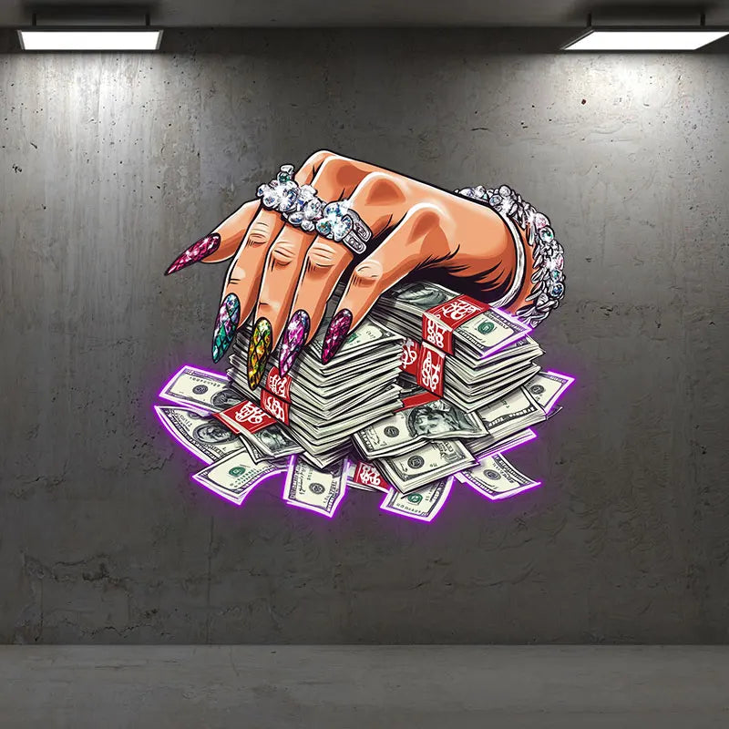 Jeweled Hand Pressed A Handful Of Money Neon Sign, Creative Wall Hanging Neon Light, Wall Decor LED Light