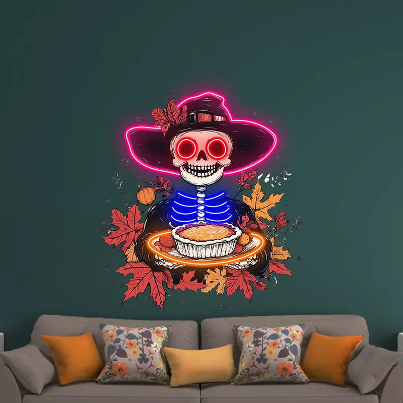 Neon Skeleton with Pie Thanksgiving Decor, Playful Skeleton Holding Pie, Unique Holiday Art Neon for Seasonal & Halloween Decor