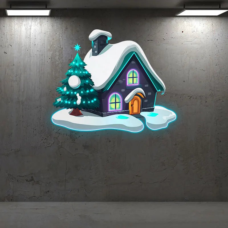 Christmas Cottage Snow Christmas Tree Neon Sign, Creative Wall Hanging Neon Light, Perfect Christmas Decor Light