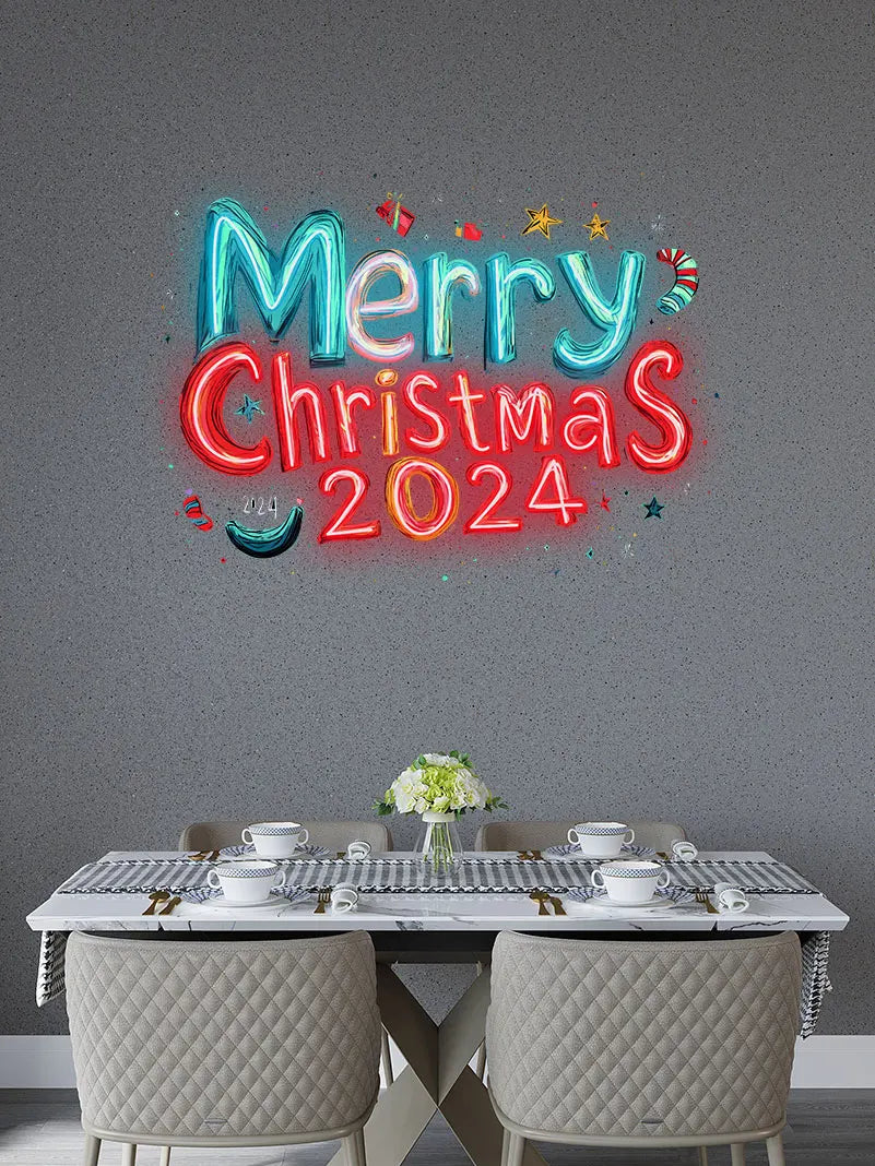 Merry Christmas 2024 Blue And Red Text Neon Sign, Creative Wall Hanging Neon Light, Christmas Decor Light