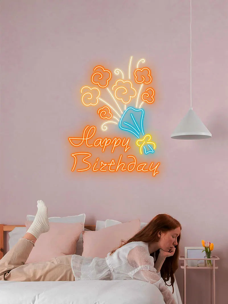 Neon Flower Bouquet "Happy Birthday" LED Sign, Celebrate in Style with Unique Neon Party Decor, Creative Gift for Birthday Party