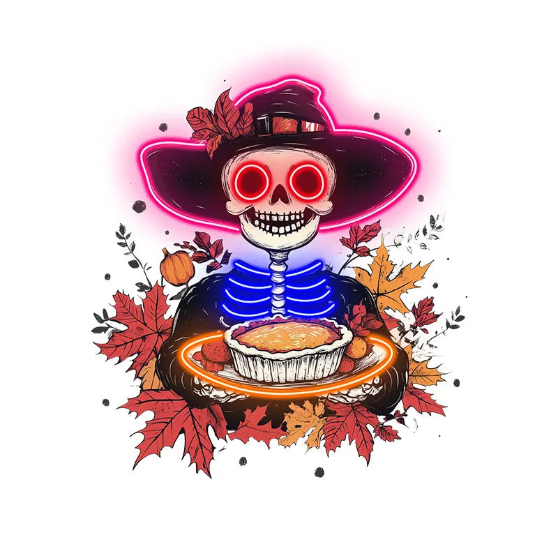 Neon Skeleton with Pie Thanksgiving Decor, Playful Skeleton Holding Pie, Unique Holiday Art Neon for Seasonal & Halloween Decor
