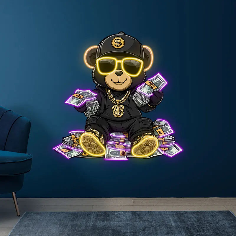 Rich Bear Sitting On The Pile Of Money Neon Sign, Creative Wall Hanging Neon Light, Whimsical Decor Light