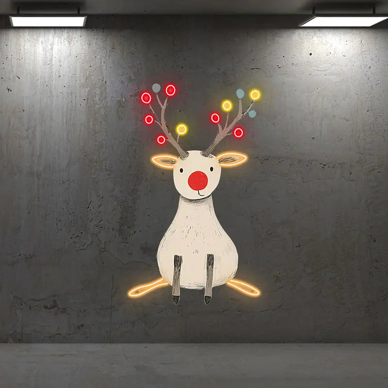 Cute Reindeer Neon Holiday UV Print – Minimalist Reindeer with Glowing Antlers, Perfect for Christmas Decor or Children's Room