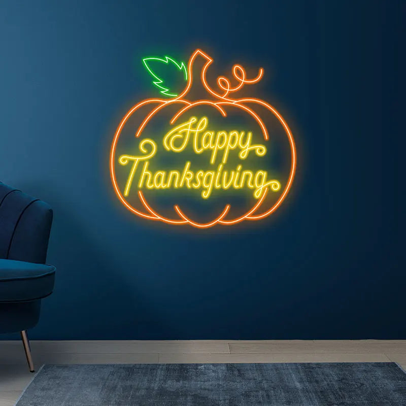 Happy Thanksgiving Neon Pumpkin Sign – Bright Pumpkin Glow for Festive Home Decor, Perfect for Holiday Dinner & Party Decoration