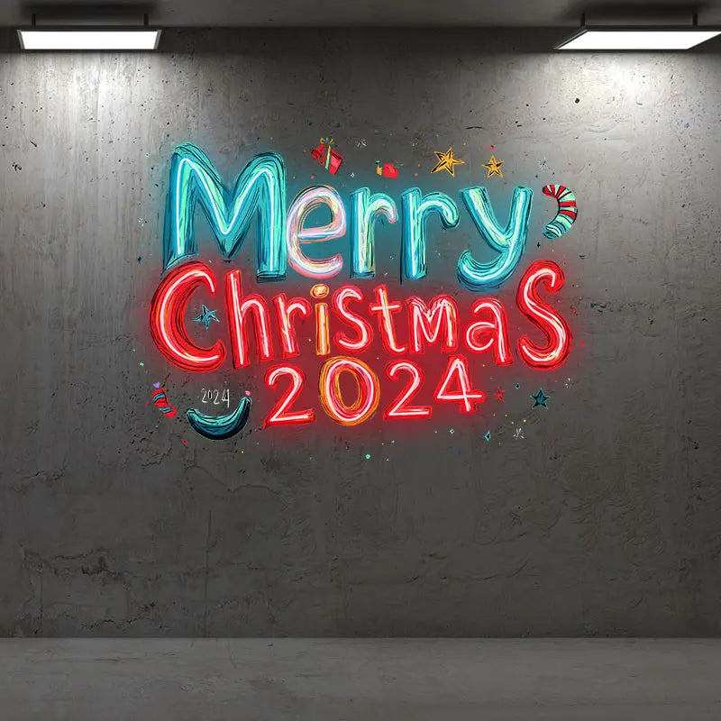 Merry Christmas 2024 Blue And Red Text Neon Sign, Creative Wall Hanging Neon Light, Christmas Decor Light