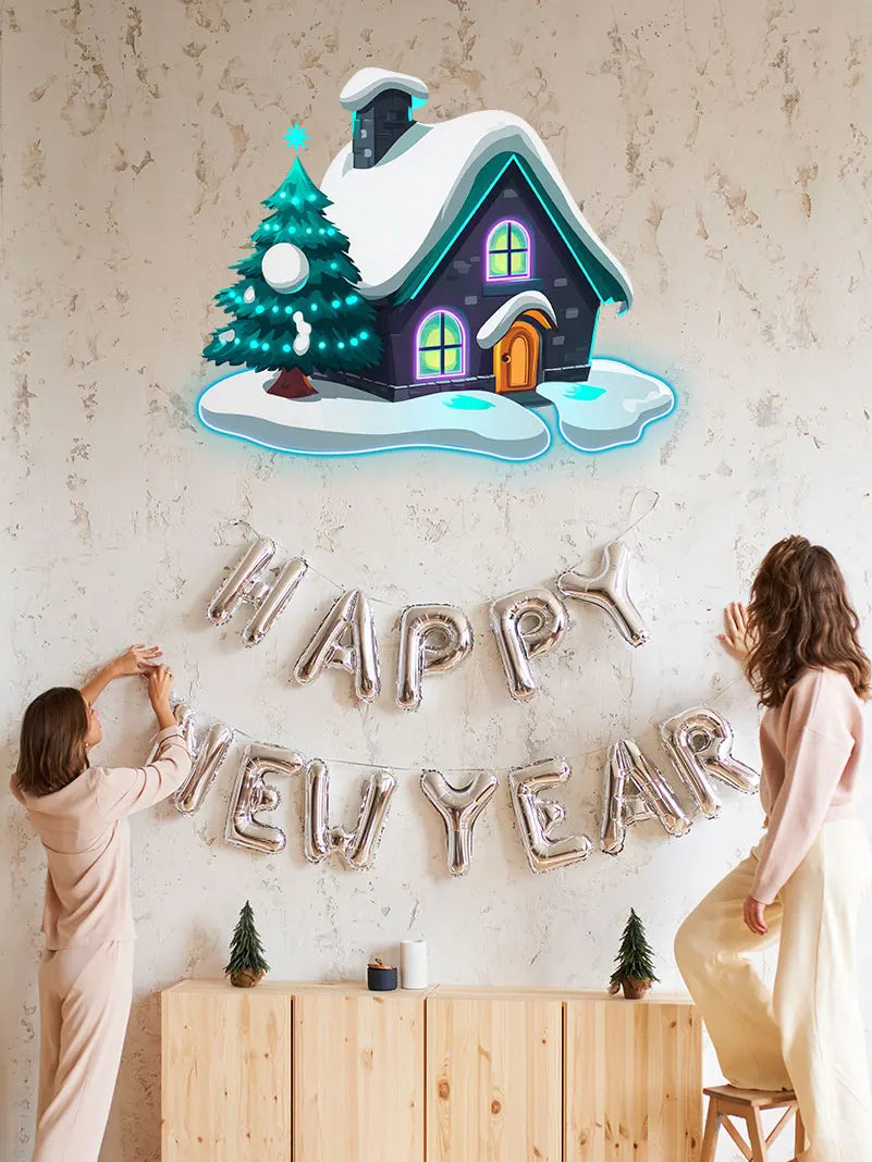 Christmas Cottage Snow Christmas Tree Neon Sign, Creative Wall Hanging Neon Light, Perfect Christmas Decor Light