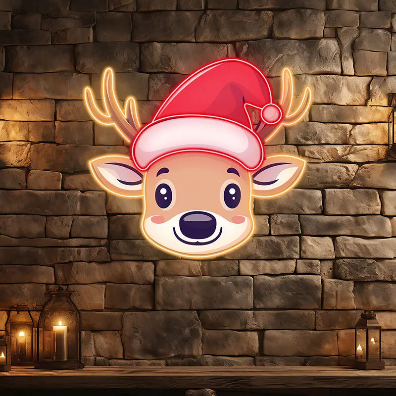 Reindeer Neon Sign Christmas Print Art – Cute Reindeer with Bell and Santa Hat, Festive Wall Art for Kids Room or Holiday Decor