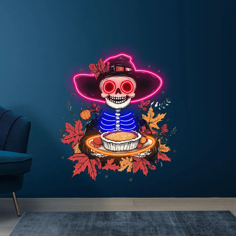 Neon Skeleton with Pie Thanksgiving Decor, Playful Skeleton Holding Pie, Unique Holiday Art Neon for Seasonal & Halloween Decor