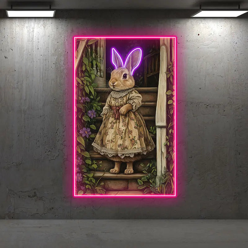 Toysign Vintage Style Rabbit Wall Art Neon Light, Cute Animal Poster for Kids Room Decor, Floral Dress Design, Perfect Gift