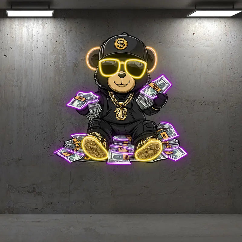 Rich Bear Sitting On The Pile Of Money Neon Sign, Creative Wall Hanging Neon Light, Whimsical Decor Light