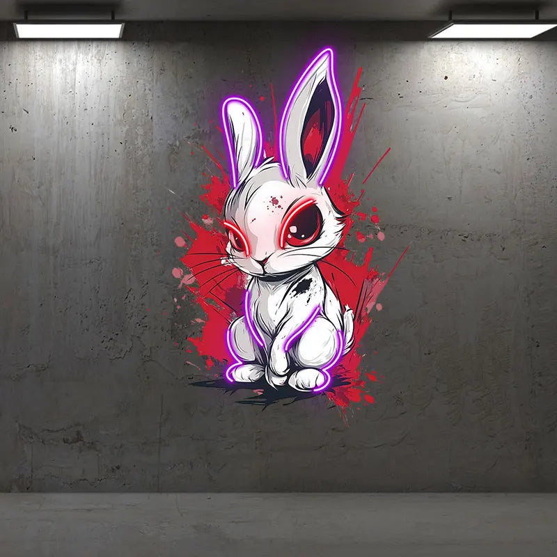 Toysign Edgy Neon Bunny Wall Art – Graffiti-Style LED Sign with Intense Eyes, Urban Cartoon Decor for Game Room, Bar & Studio
