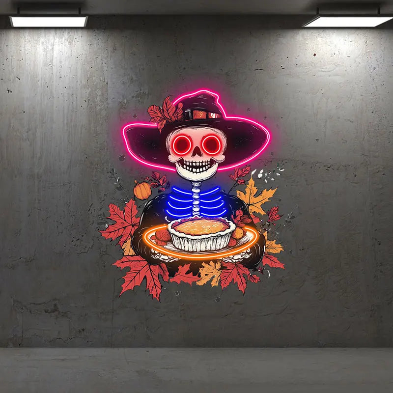 Neon Skeleton with Pie Thanksgiving Decor, Playful Skeleton Holding Pie, Unique Holiday Art Neon for Seasonal & Halloween Decor