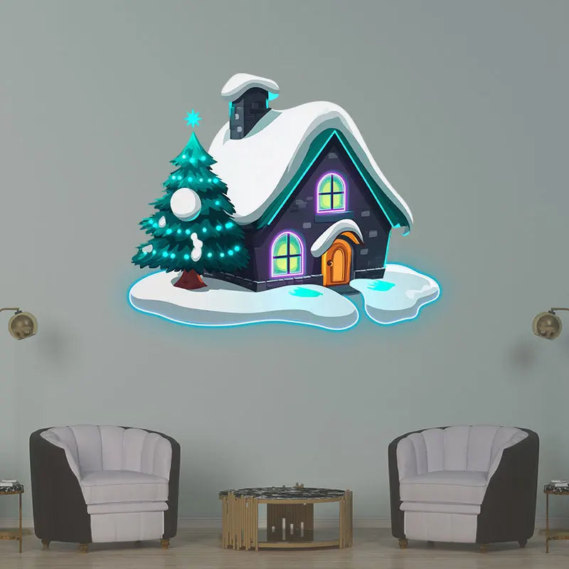 Christmas Cottage Snow Christmas Tree Neon Sign, Creative Wall Hanging Neon Light, Perfect Christmas Decor Light