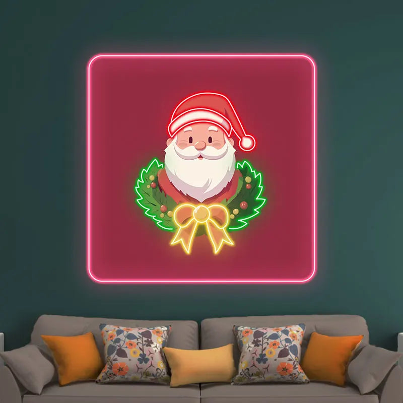 Santa Claus Neon Wreath Poster – Glowing Santa with Neon Wreath Design, Perfect for Festive Home or Office Christmas Decorations