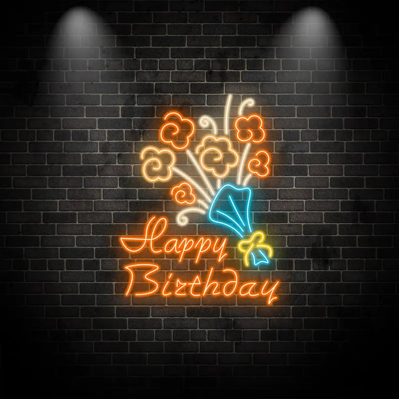 Neon Flower Bouquet "Happy Birthday" LED Sign, Celebrate in Style with Unique Neon Party Decor, Creative Gift for Birthday Party
