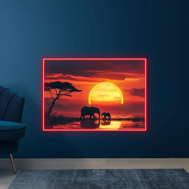 Toysign Elephant Sunset Neon Wall Art – Radiant Wall Decor with African Wildlife, Perfect for Living Room or Office Ambiance