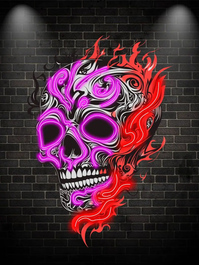 Skull With Weird Fire Neon Sign, Creative Wall Hanging Neon Light, Whimsical Halloween Decor