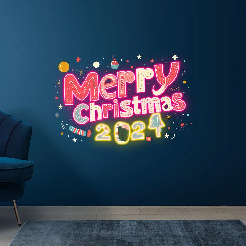 Merry Christmas 2024 Text Neon Sign, Creative Wall Hanging Neon Light, Charming Christmas Decor Light