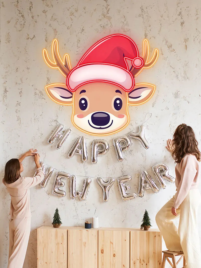 Reindeer Neon Sign Christmas Print Art – Cute Reindeer with Bell and Santa Hat, Festive Wall Art for Kids Room or Holiday Decor