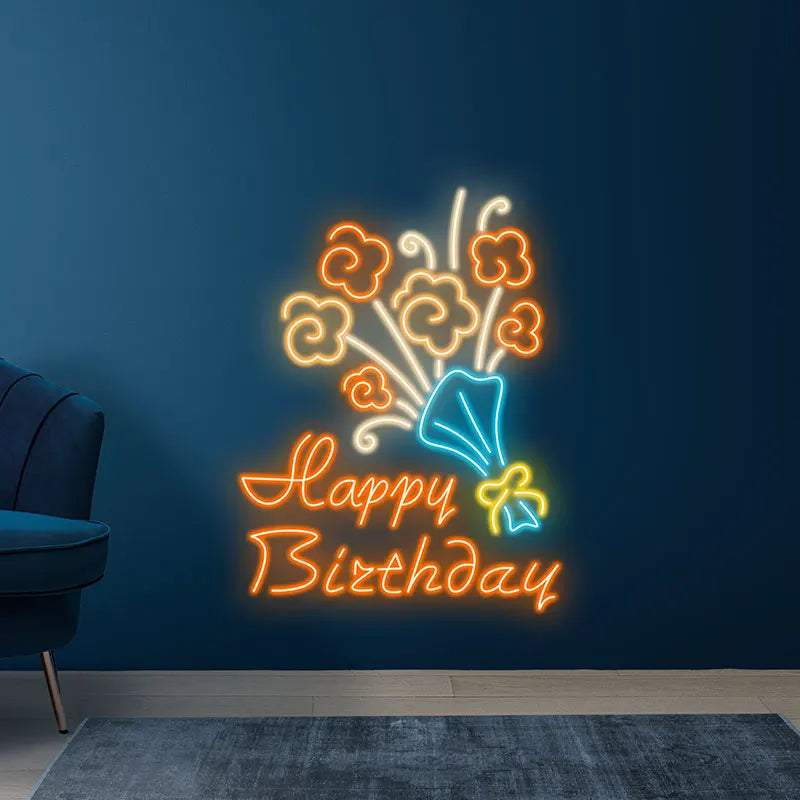 Neon Flower Bouquet "Happy Birthday" LED Sign, Celebrate in Style with Unique Neon Party Decor, Creative Gift for Birthday Party