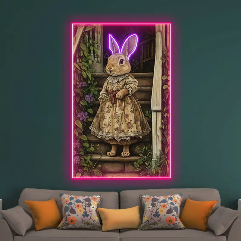 Toysign Vintage Style Rabbit Wall Art Neon Light, Cute Animal Poster for Kids Room Decor, Floral Dress Design, Perfect Gift