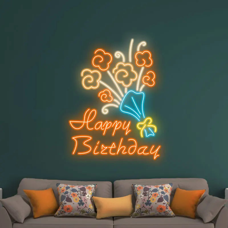 Neon Flower Bouquet "Happy Birthday" LED Sign, Celebrate in Style with Unique Neon Party Decor, Creative Gift for Birthday Party