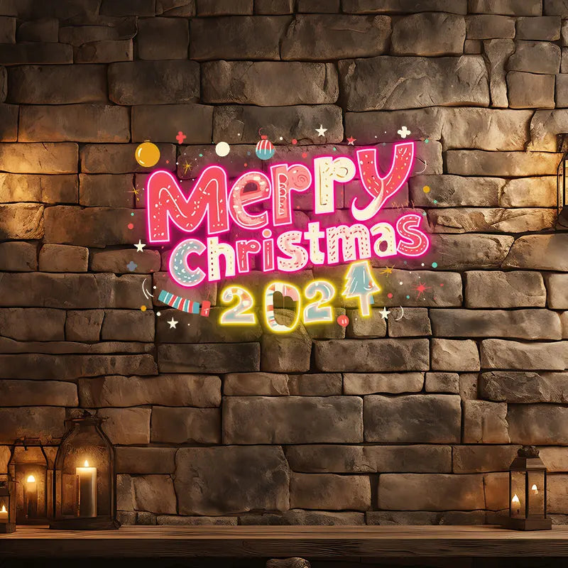 Merry Christmas 2024 Text Neon Sign, Creative Wall Hanging Neon Light, Charming Christmas Decor Light