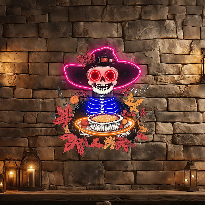 Neon Skeleton with Pie Thanksgiving Decor, Playful Skeleton Holding Pie, Unique Holiday Art Neon for Seasonal & Halloween Decor
