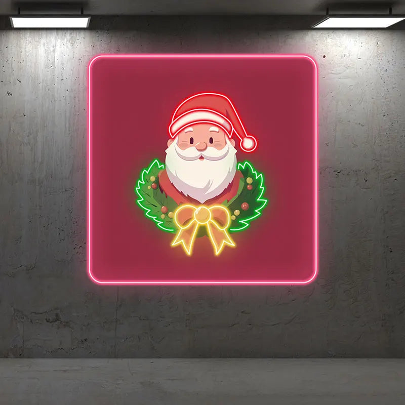 Santa Claus Neon Wreath Poster – Glowing Santa with Neon Wreath Design, Perfect for Festive Home or Office Christmas Decorations