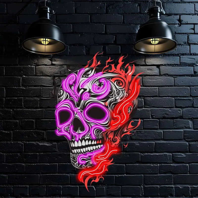 Skull With Weird Fire Neon Sign, Creative Wall Hanging Neon Light, Whimsical Halloween Decor
