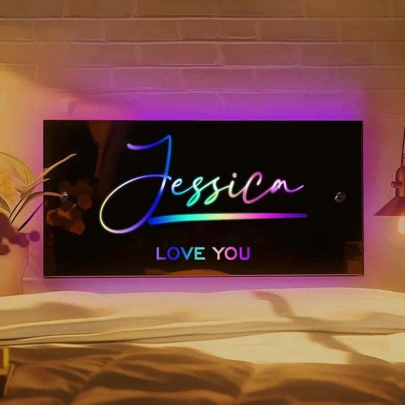 Acrylic Luminous Mirror Light Up Name Mirrors 12 Color LED Name Illuminated Mirror Wall Decor Personalized Wedding Seal Decorate